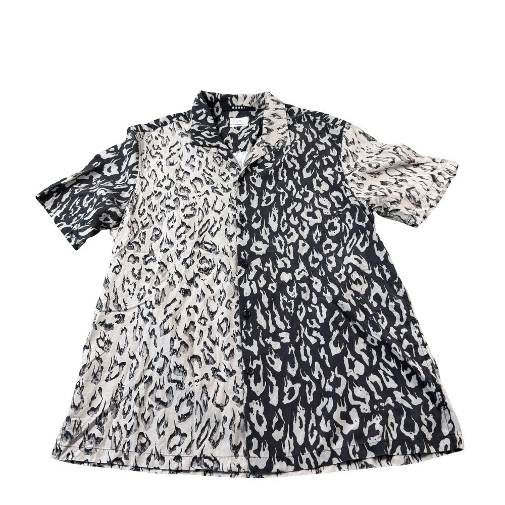 Ksubi Mens Leopard Print Lyocell Short Sleeve Button Front Shirt Black Gray L
